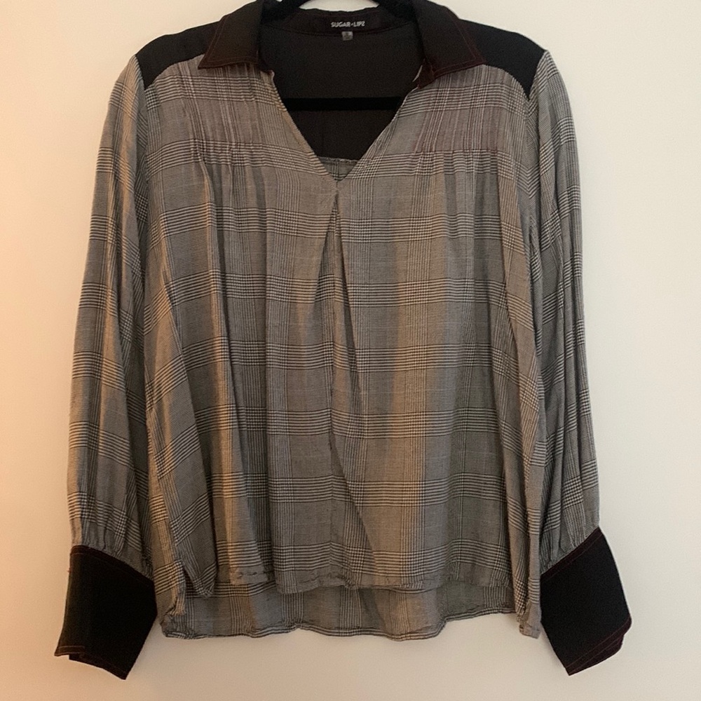 Sugarlips V-Neck Plaid Collared Blouse